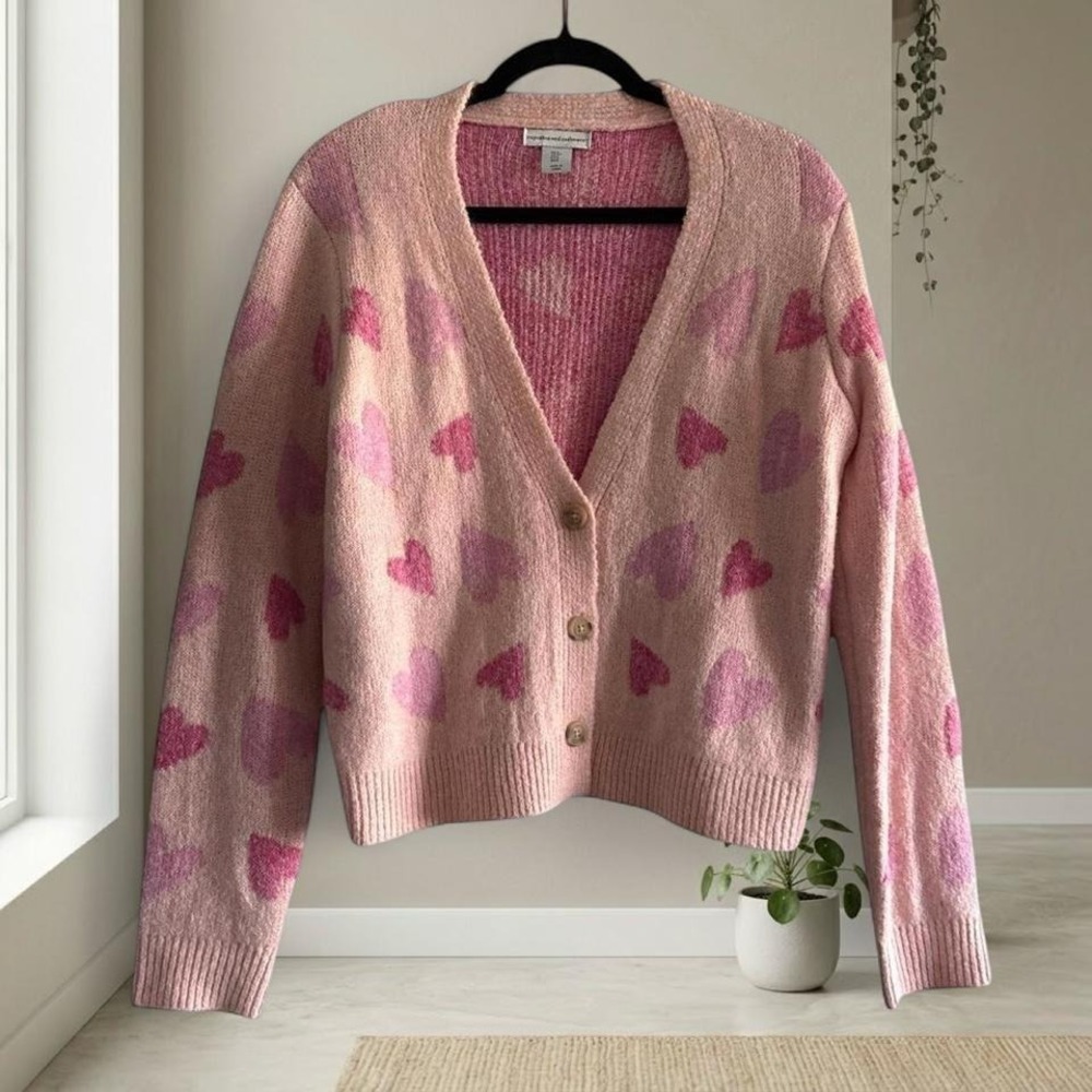 Cupcakes and cashmere Pink heart cardigan with button up front